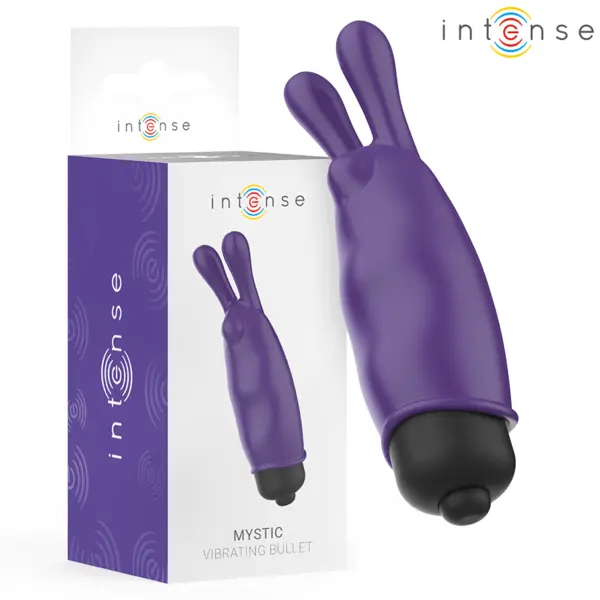 Vibrator bullet INTENSE – Mystic Purple, design cu urechiușe, 8.7 × 2.4 cm, silicon/ABS, baterii LR44