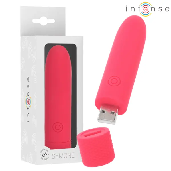 Vibrator bullet INTENSE – Symone, 8 moduri de vibrare, încărcare USB, silicon, roșu, 10 × 2.2 cm