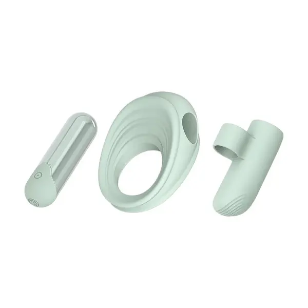 Vibrator multifuncțional DREAMTOYS Glam 3-In-1 Play Kit, purtare pe deget sau ca inel de penis, 7 funcții de vibrație, 3 viteze, verde