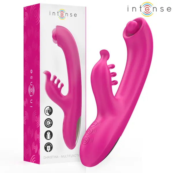 Vibrator rabbit INTENSE – Christina 3 motoare, rotație + vibrații, waterproof, silicon medical, roz, 22.5 cm