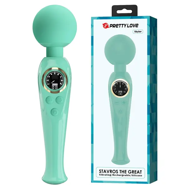 Vibrator wand Pretty Love - Skyler, 10 funcții de vibrație, 9 niveluri de viteză, cap flexibil și ecran digital LCD, verde