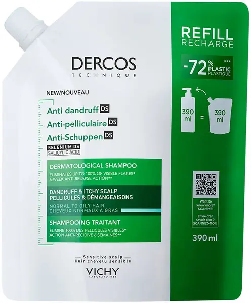 Vichy Dercos Șampon anti-mătreață pentru păr normal spre gras Anti-dandruff DS, rezervă, 390 ml