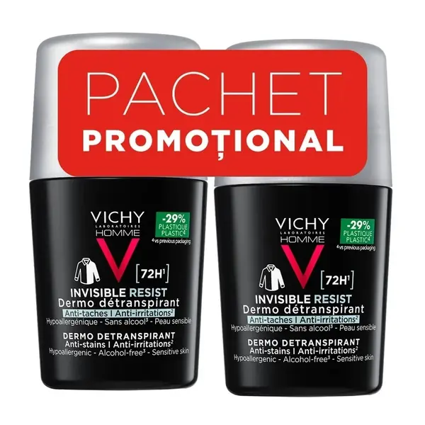 Vichy Homme Invisible Resist Deo Roll-On 72h 50 ml 2 flacoane bipack