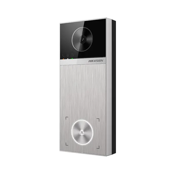 Videointerfon de exterior IP WiFi 6 Hikvision DS-KV6114-MWBE1, 1 familie, 2 incuietori, Mifare 13.56 MHz, aparent, 4 MP, IR 3 m, microfon si difuzor, slot card, functii smart, PoE, vizualizare de pe telefon, argintiu