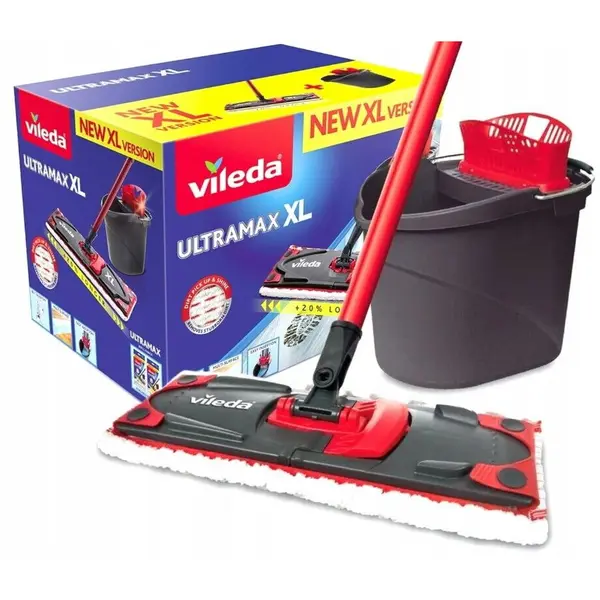 Vileda Mop Vileda Ultramax Box, cu maner rotativ telescopic, microfibra si bumbac + galeata