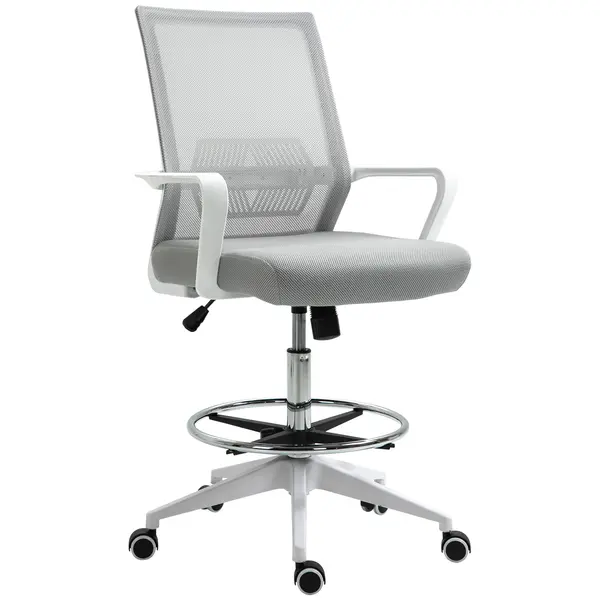 Vinsetto Scaun birou cu șezut înalt reglabil, pivotant 360°, plasă respirabilă, gri/alb, 64x59x104-124 cm | Aosom Romania