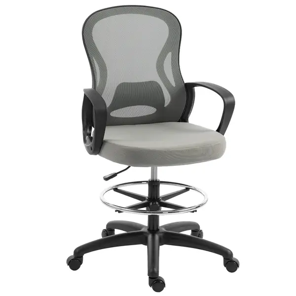 Vinsetto Scaun de birou ergonomic, fotoliu de birou cu suport pentru picioare și cotiere, din mesh, 59 x 65 x 123 cm, Gri | Aosom Romania
