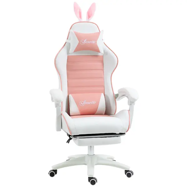 Vinsetto Scaun de Gaming Ergonomic cu Urechi de Iepure și Suport pentru Picioare Extensibil, 65x63x136-142 cm, Roz | Aosom Romania