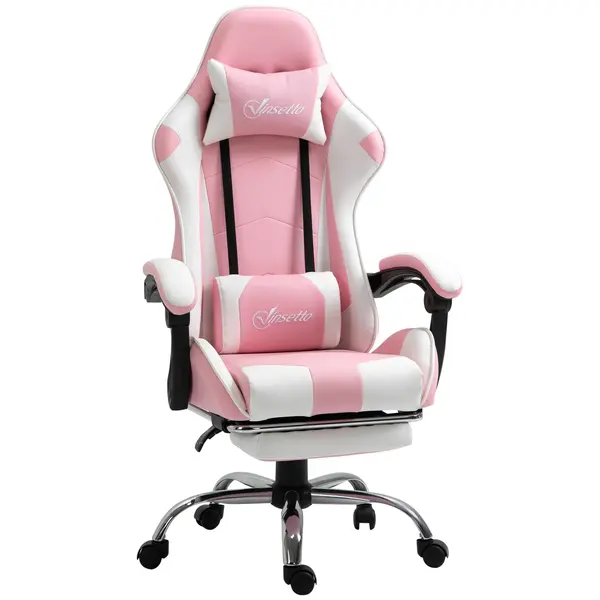 Vinsetto Scaun Gaming Ergonomic Reclinabil cu Tetieră, Pernă Lombară, Înălțime Reglabilă, Roz și Alb | Aosom Romania