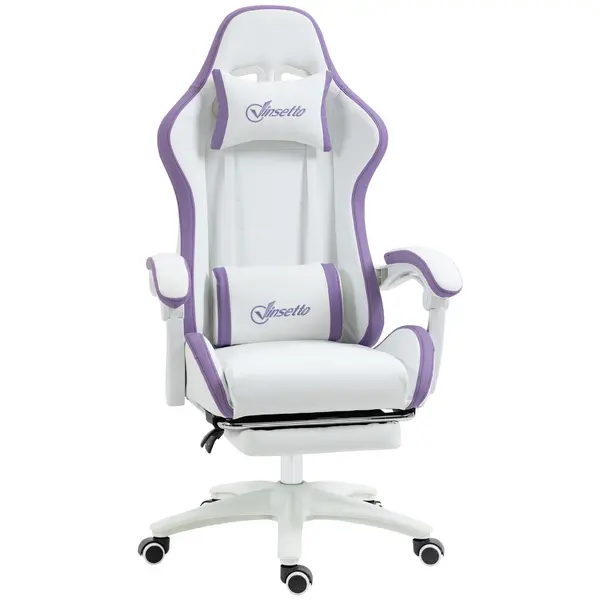Vinsetto Scaun Gaming Reglabil pe Înălțime cu Tetieră, Alb și Mov | Aosom Romania