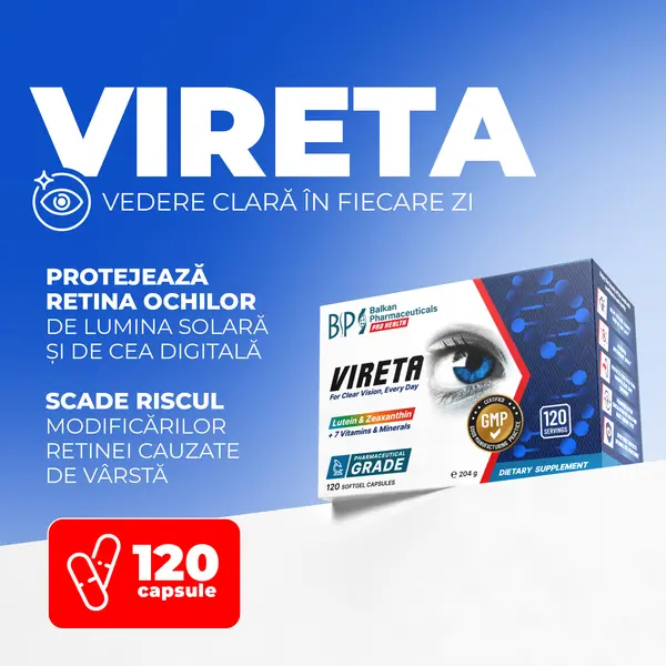 Vireta BP – Supliment pentru Acuitate Vizuală și Sănătatea Ochilor, Efect Antioxidant, 120 caps