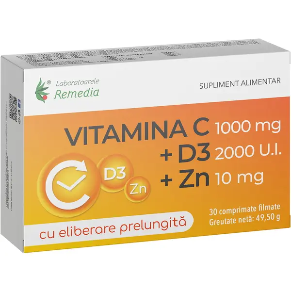 Vitamina C 1000mg + Zinc 10mg + D3 2000UI 30cpr cu eliberare prelungita