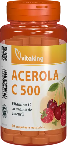 Vitamina C 500mg cu acerola si gust de zmeura, 40 comprimate masticabile, Vitaking