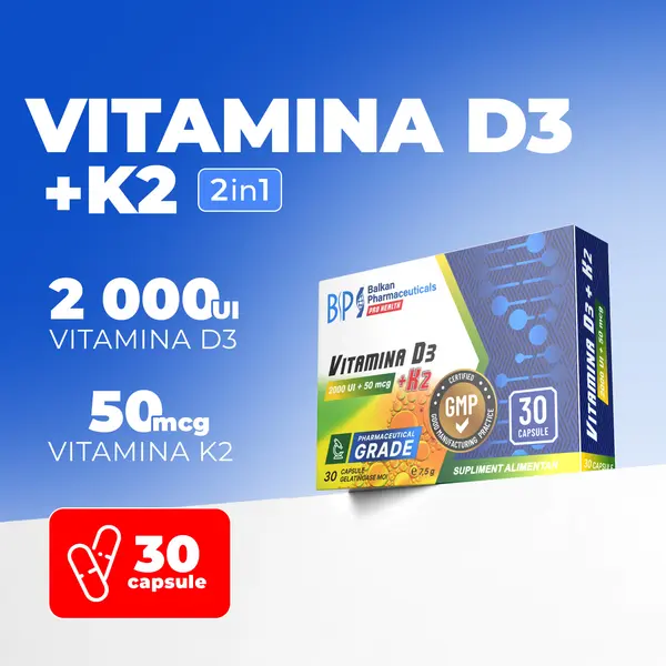 Vitamina D3 + K2, 2000UI + 50mcg, 30 caps.