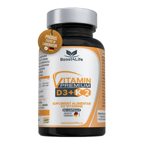 Vitamina D3+K2 Premium (2000 UI), MGCaps®, 60 capsule vegetale, Boost4Life