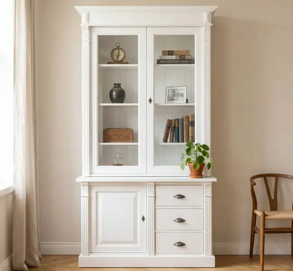 Vitrina cu 1 usa, 3 sertare BAS + 2 usi sticla SUP, Colectia Directoire cu finisaj White