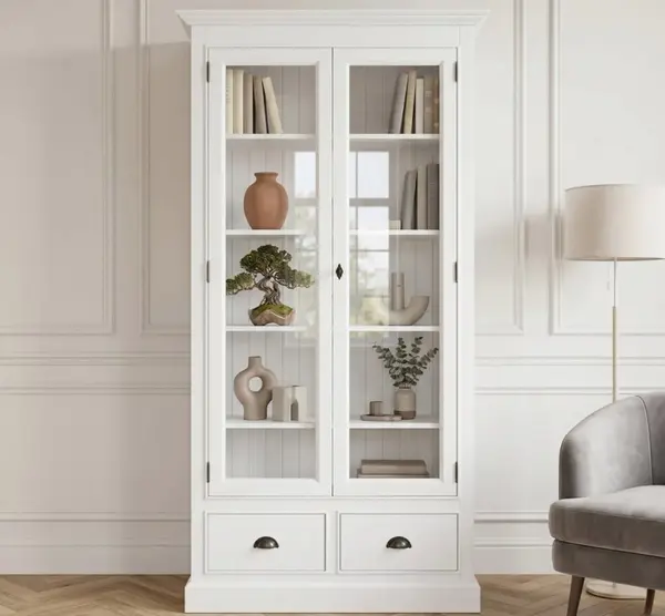 Vitrina cu 2 usi mari, 2 sertare cu finisaj White