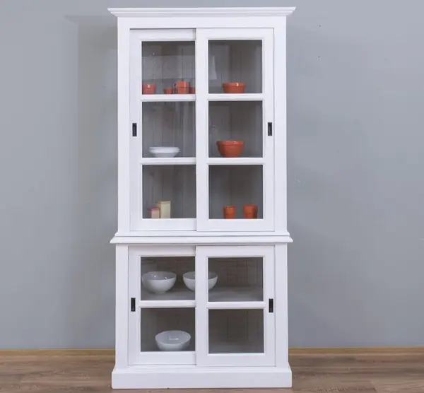 Vitrina cu 2 usi sticla glisante BAS + 2 usi mari sticla glisante SUP cu finisaj White Antic / Dim Grey