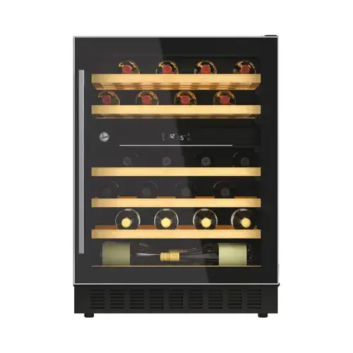 Vitrina de vinuri incorporabila Hoover HWCB 60/N, 145 l, Capacitate 46 sticle, Clasa G, 2 zone de racire, Iluminare LED, 60 cm (Negru)