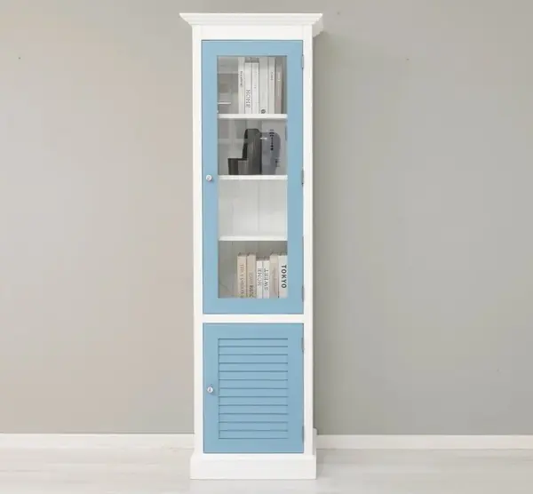 Vitrina ingusta, 1 usa + 1 usa sticla, Colectia Shutter cu finisaj White / Sky Blue
