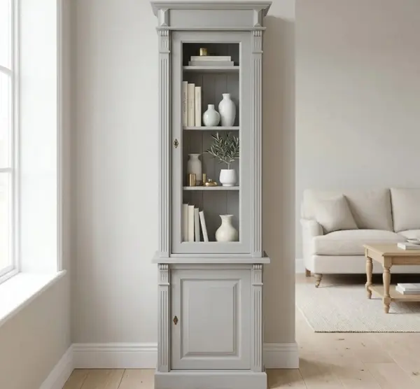 Vitrina ingusta cu 1 usa BAS + 1 usa sticla SUP, Colectia Directoire cu finisaj Vopsit antichizat