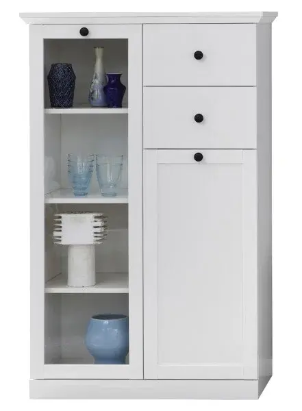 Vitrina joasa BRANDSON, 2 usi, 2 sertare, geam, alb, 81x41x129 cm