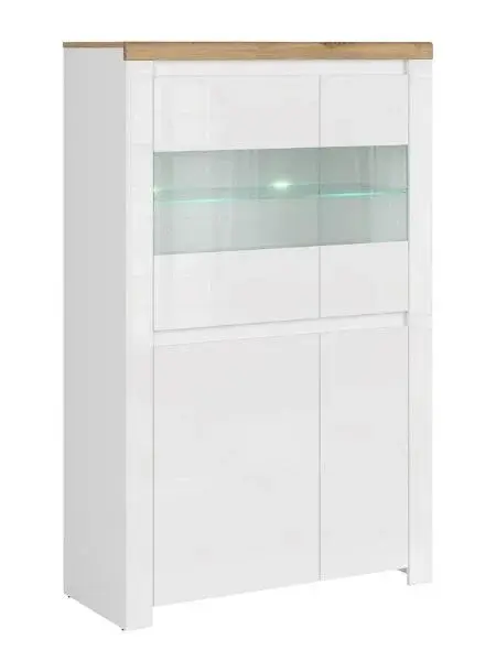 Vitrina joasa VIGO, 4 usi, geam, alb + stejar wotan, 98x41,5x156,5 cm
