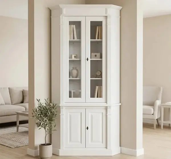 Vitrina pentru colt, 2 usi BAS + 2 usi sticla SUP, Colectia Directoire cu finisaj Vopsit