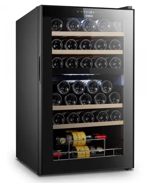 Vitrina pentru vinuri Samus SRV98LMCD (33), 2 Zone de racire, 88 L, Afisaj Electronic, Rafturi lemn (Negru)