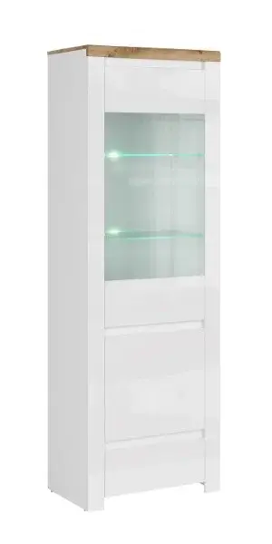 Vitrina VIGO, 2 usi, 1 sertar, geam, alb + stejar wotan, 68x41,5x202 cm