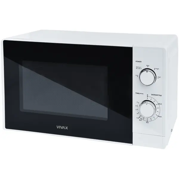 VIVAX Cuptor cu microunde VIVAX MWO-2071W, Capacitate 20L, Putere 700W, Control mecanic, 5 niveluri de putere, Timer, Functie dezghetare dupa greutate, Geam sticla, Alb