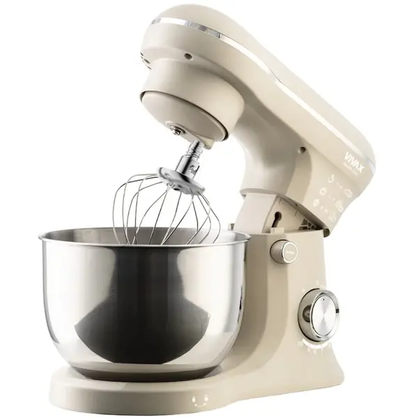 VIVAX Robot de bucatarie mixer planetar VIVAX RM-41500S, 1500W, 10 viteze + Turbo Pulse, doua boluri inox 5L + 4L, tel pentru frisca, tel pentru creme, carlig pentru aluat, capac anti-stropire cu orificiu alimentare, inox si plastic, Bej