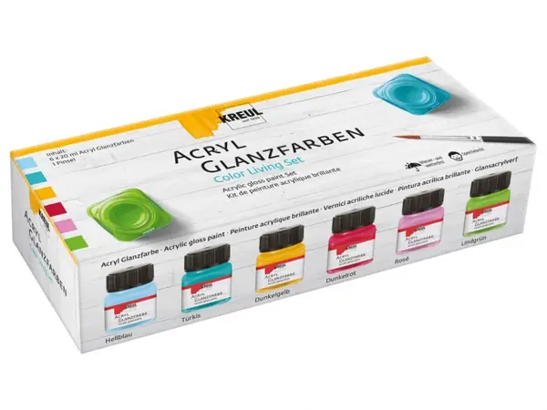 Vopsea acrilica glossy cu pensula inclusa,Color Living Kreul, set 6 buc x 20 ml