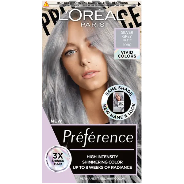 Vopsea de par permanenta cu amoniac Preference Vivid Colours 10.112 Silver Grey, 204ml, L'Oreal Paris
