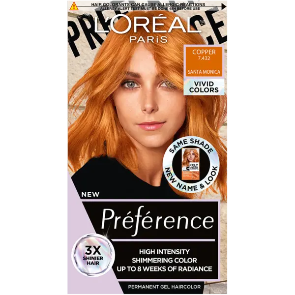 Vopsea de par permanenta cu amoniac Preference Vivid Colours 7.432 Copper, 204ml, L'Oreal Paris