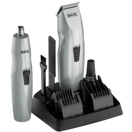 Wahl Set de tuns mustata si barba Wahl 05606-308 + trimmer pentru nas si urechi, 3 capete incluse, lame din otel, argintiu