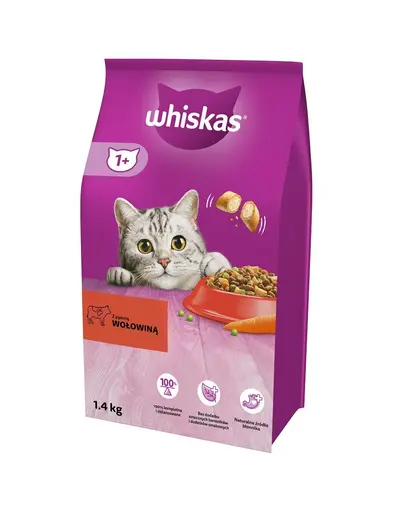 WHISKAS Adult 1,4 kg hrana uscata completa pentru pisici adulte cu carne de vita delicioasa