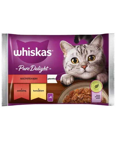 WHISKAS Adult Plicuri hrana umeda pisica 4x85 g Juicy Bites hrana umeda cu bucat de carne de vita, pui in aspic