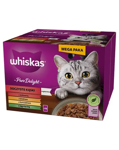 WHISKAS Adult Pure Delight 24x85 g Juicy Jellied Bites cu carne de vita, pui, miel, pasare pentru pisici adulte