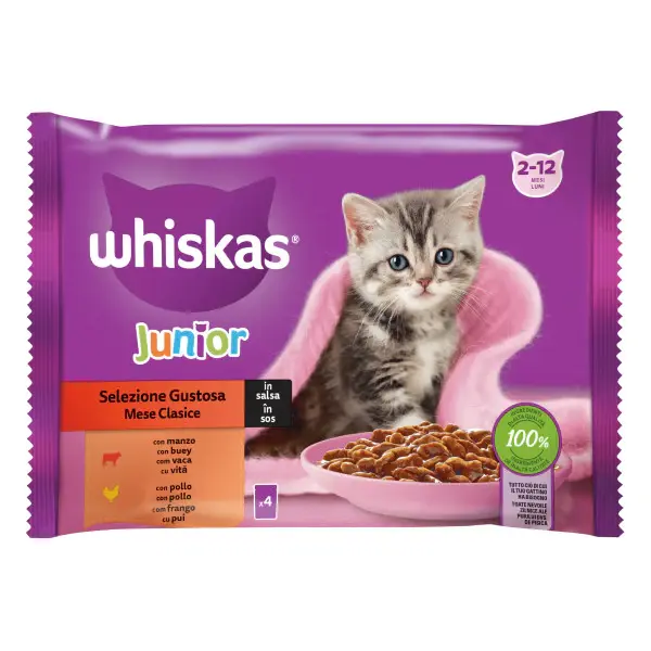 Whiskas Junior hrana umeda pentru pisici junioare, selectii clasice in sos de carne 4x85g