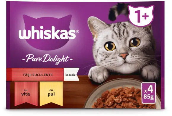WHISKAS Pure Delight Mix plicuri pisici Adulte, cu Vită/Pui în aspic 4x85g