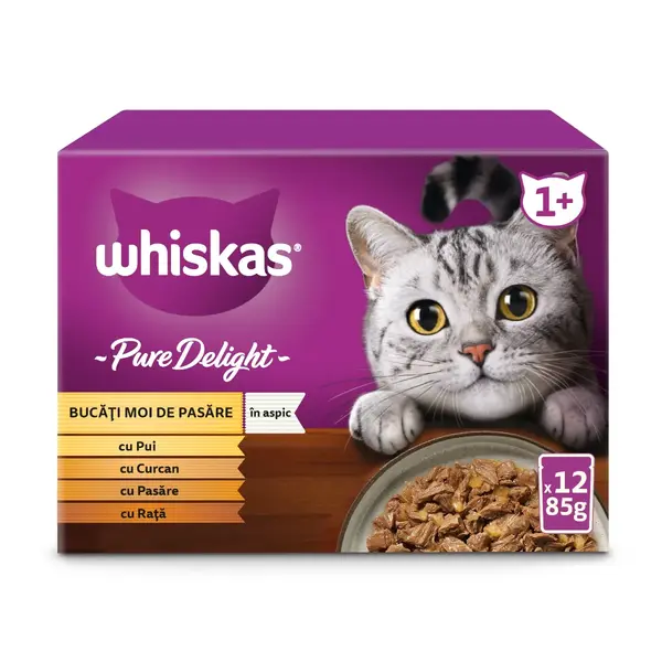 WHISKAS Pure Delight, Pasăre, plic hrană umedă pisici, (în aspic), multipack, 85g x 12