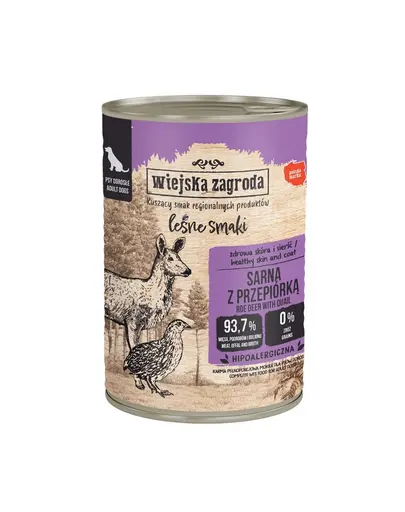 WIEJSKA ZAGRODA Arome din pădure, hrană umedă pentru câini cu carne de căprioară și prepeliță 12x400 g