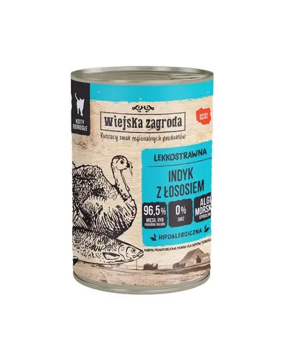 WIEJSKA ZAGRODA Conserva hrana cu somon si curcan, pentru pisici adulte 6x400 g