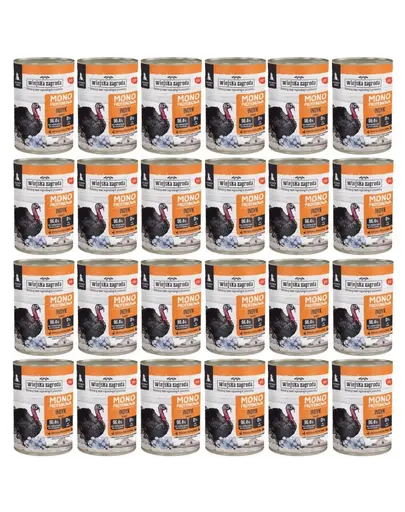 WIEJSKA ZAGRODA Hrană umedă monoproteică cu curcan pentru căței, 24x400 g