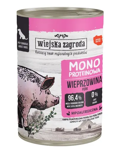 WIEJSKA ZAGRODA Hrana umeda monoproteica pentru caini, porc 6x400 g