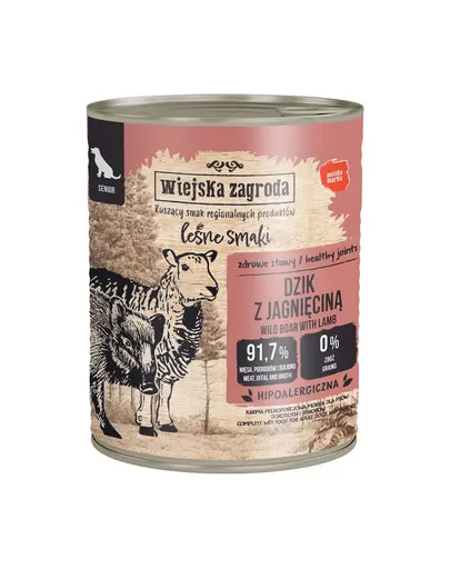 WIEJSKA ZAGRODA Hrană umedă pentru câini seniori cu mistreț și miel (Gusturi de Pădure) 6x800 g