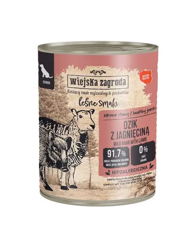 WIEJSKA ZAGRODA Hrană umedă pentru câini seniori cu mistreț și miel (Gusturi de Pădure) 24x800 g