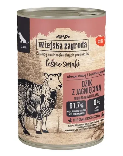 WIEJSKA ZAGRODA Hrană umedă pentru câini seniori mistreț cu miel, 400 g