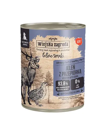 WIEJSKA ZAGRODA hrană umedă pentru căței cu cerb și prepeliță (Gusturi de Pădure) 6x800 g